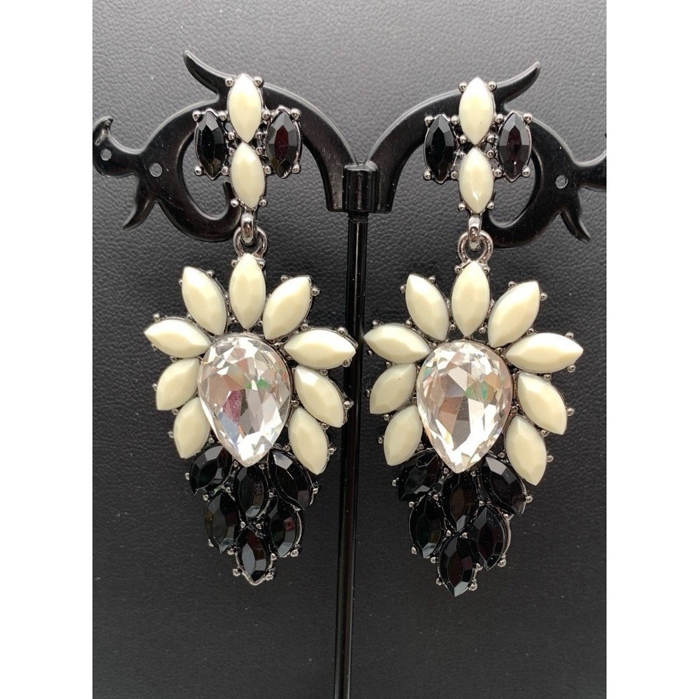 Amrita Singh Gunmetal Black & Cream Rhinestone Statement Pierced Drop Earrings